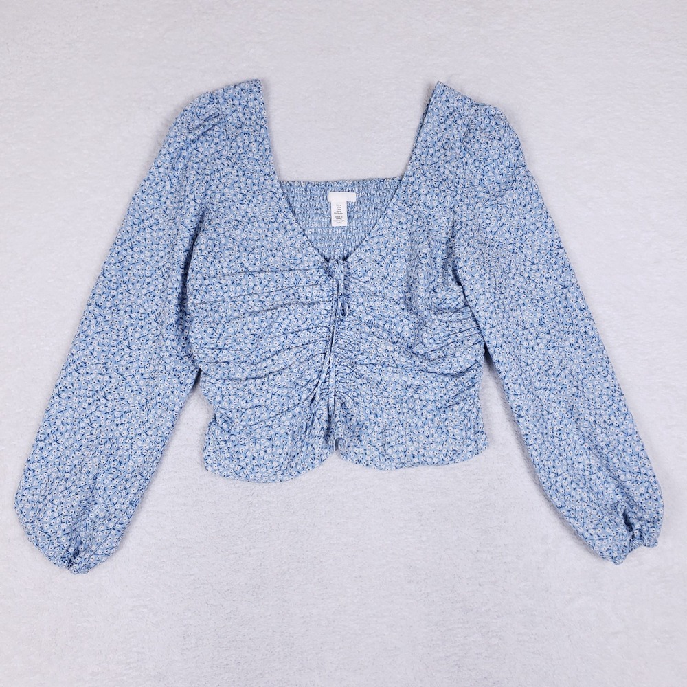 H&M Blue Floral Ruched Long Sleeve Top M V-Neck Smocked Back Coquette Style